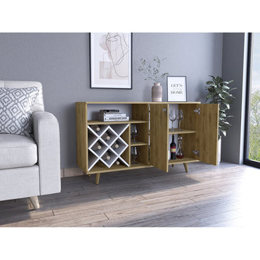 Mueble Bar Vihti, Macadamia y Blanco Marquez, con varios entrepaños