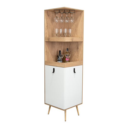 Bar Esquinero Huna, Macadamia y Blanco, con amplio espacio para botellas y portacopas