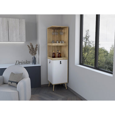 Bar Esquinero Huna, Macadamia y Blanco, con amplio espacio para botellas y portacopas