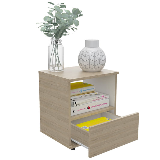 Velador Camel, Rovere y Blanco, con Un Cajón Inferior deslizable