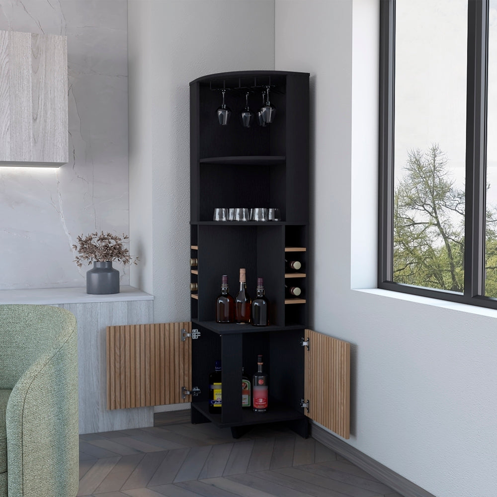 Bar Esquinero Funes, Wengue, con Espacio para Botellas de Vino y Copas