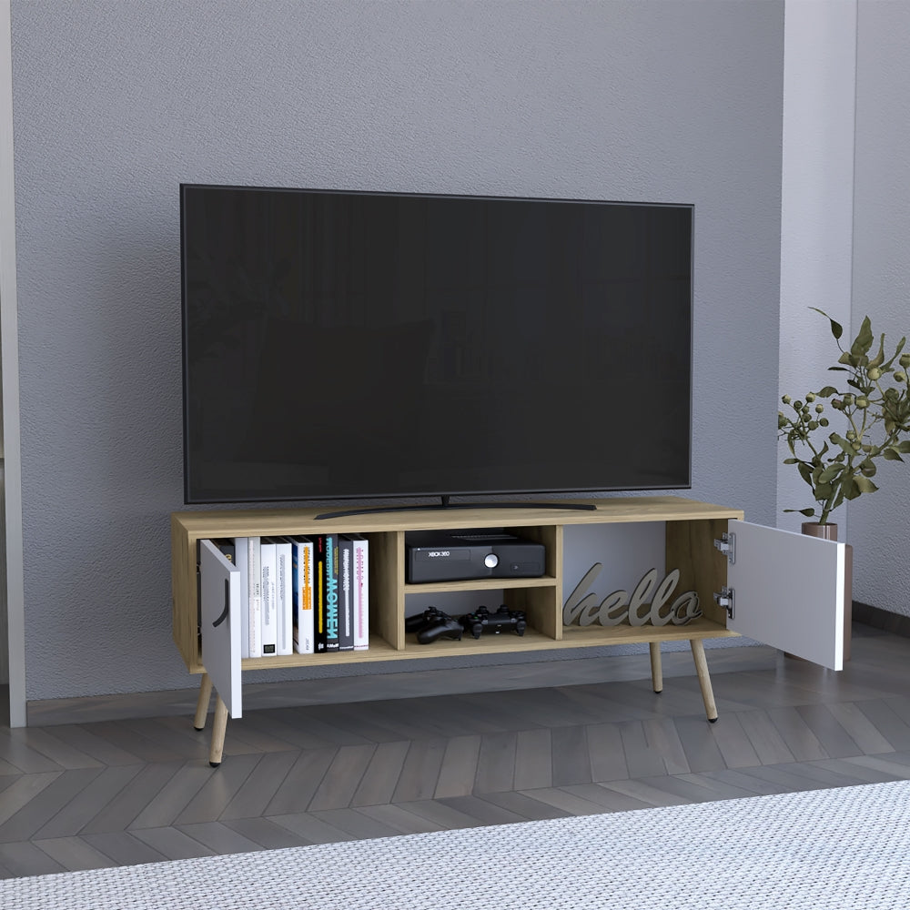 Rack Huna, Macadamia y Blanco, con capacidad para televisor de hasta 70''