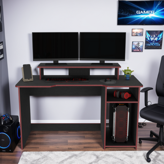 Escritorio Gamer Huni, Wengue y Canto, con varios entrepaños para colocar objetos