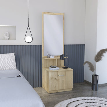 Velador Multifuncional Z,54, Duna y Blanco, con cajón de amplio espacio y espejo incorporado