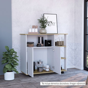 Mesón de Cocina Bi,Color, Blanco y Duna, con dos puertas batientes y rodachines