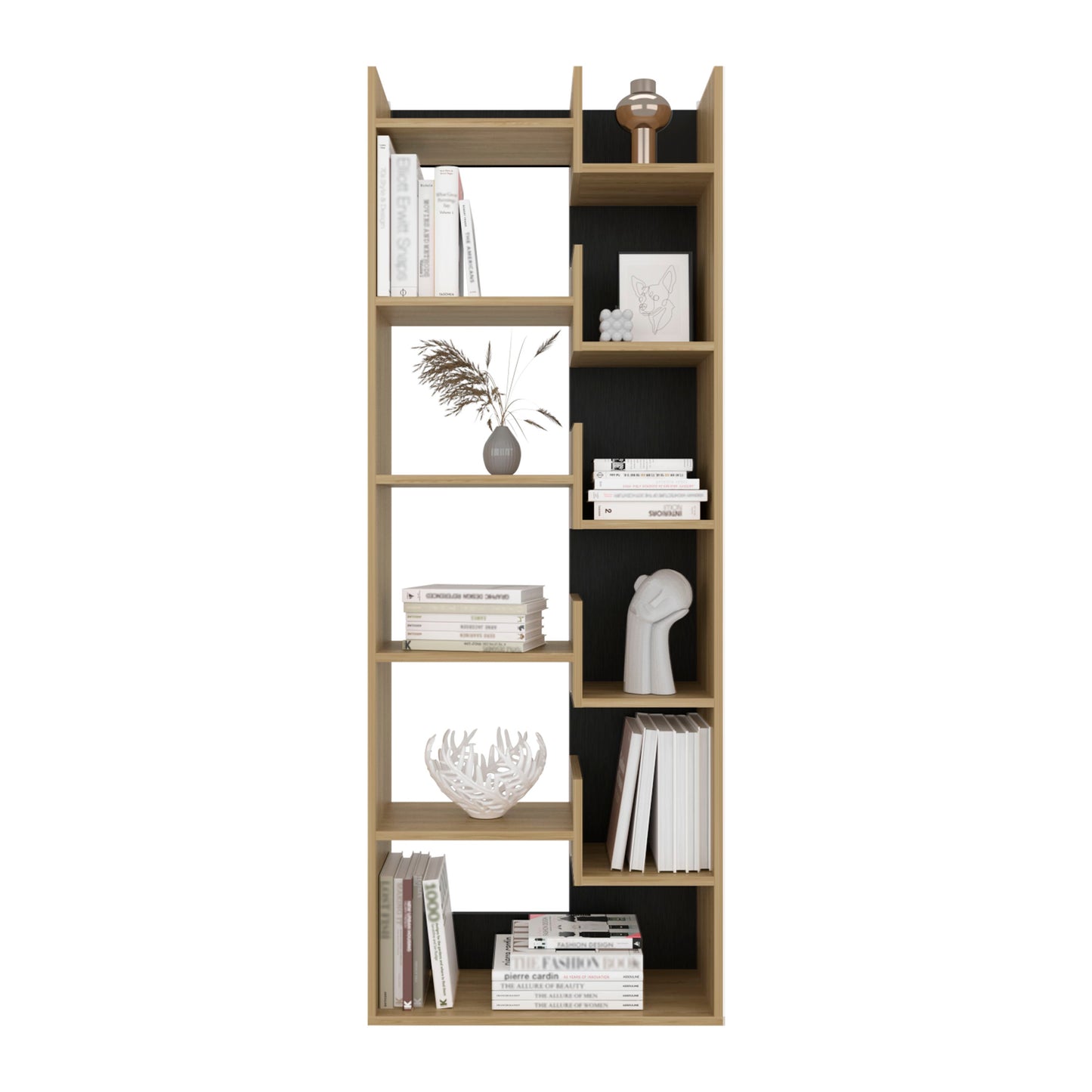 Biblioteca Clover, Fresno Europeo y Wengue, con espacios para guardar y poner objetos