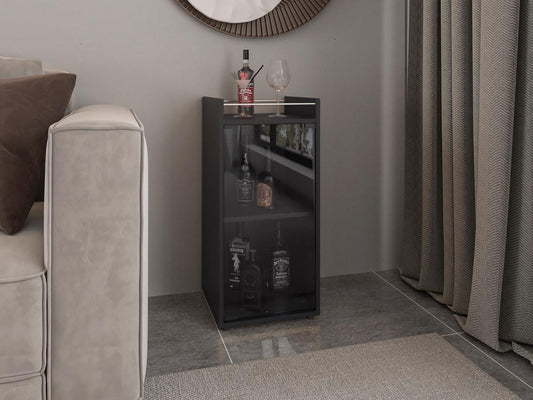 Bar Bajo Theba, Wengue, con espacio para botellas de vino y copas