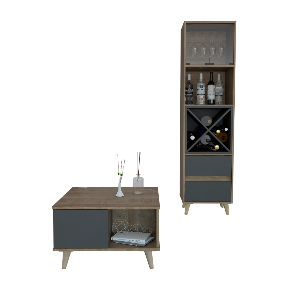 Bar Alto + Mesa Centro Salem Color Miel y Plomo Para Sala De Estar