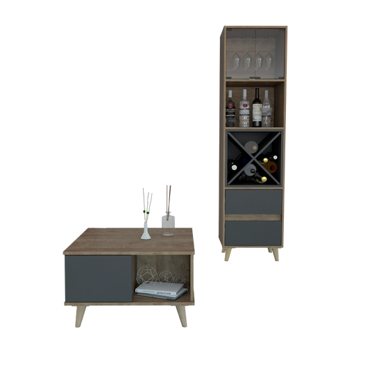 Bar Alto + Mesa Centro Salem Color Miel y Plomo Para Sala De Estar