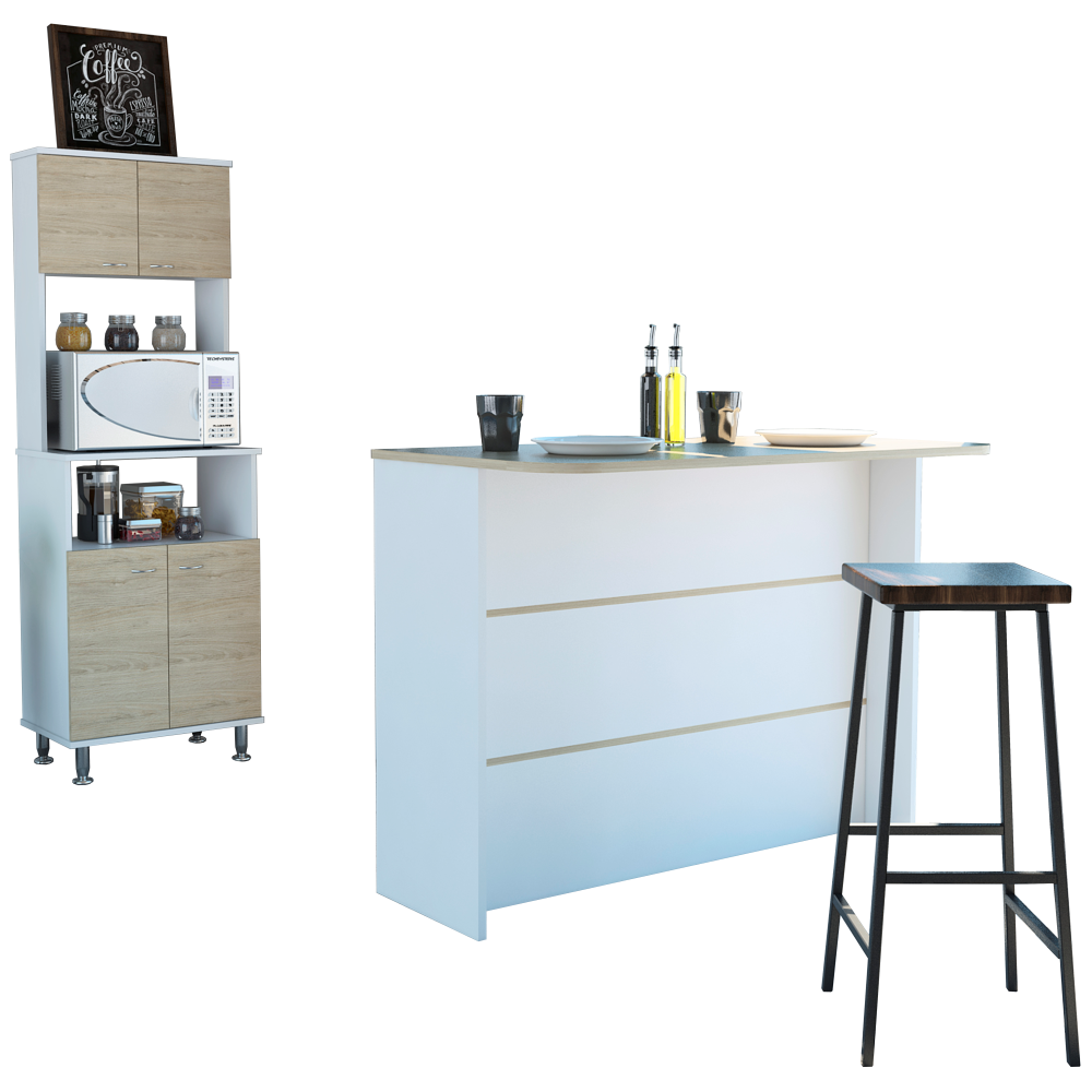 Combo Kitchen, Blanco y Rovere, incluye mueble microondas y barra