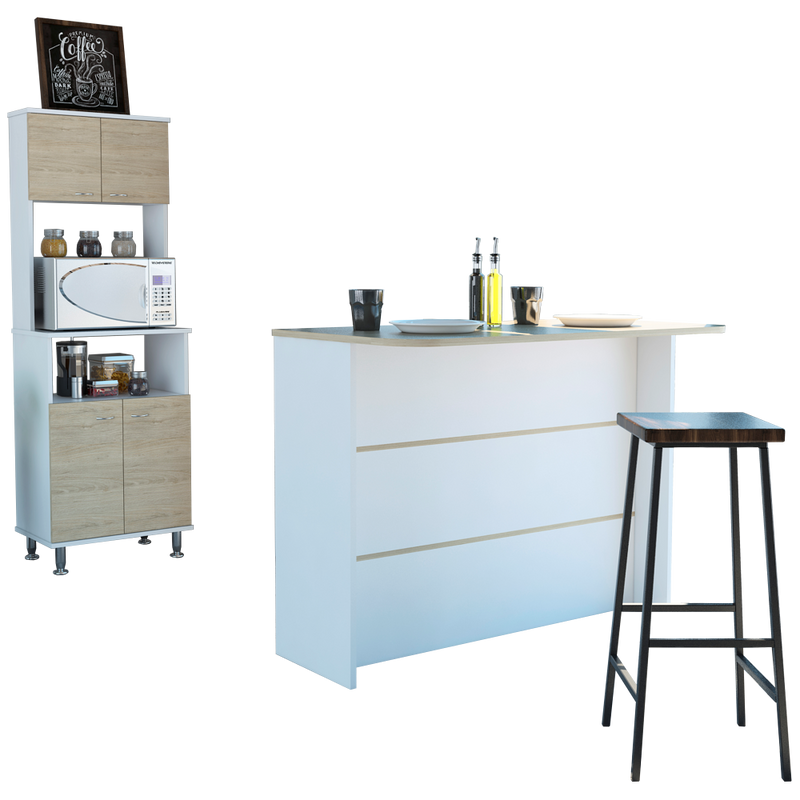 Combo Kitchen, Blanco y Rovere, incluye mueble microondas y barra