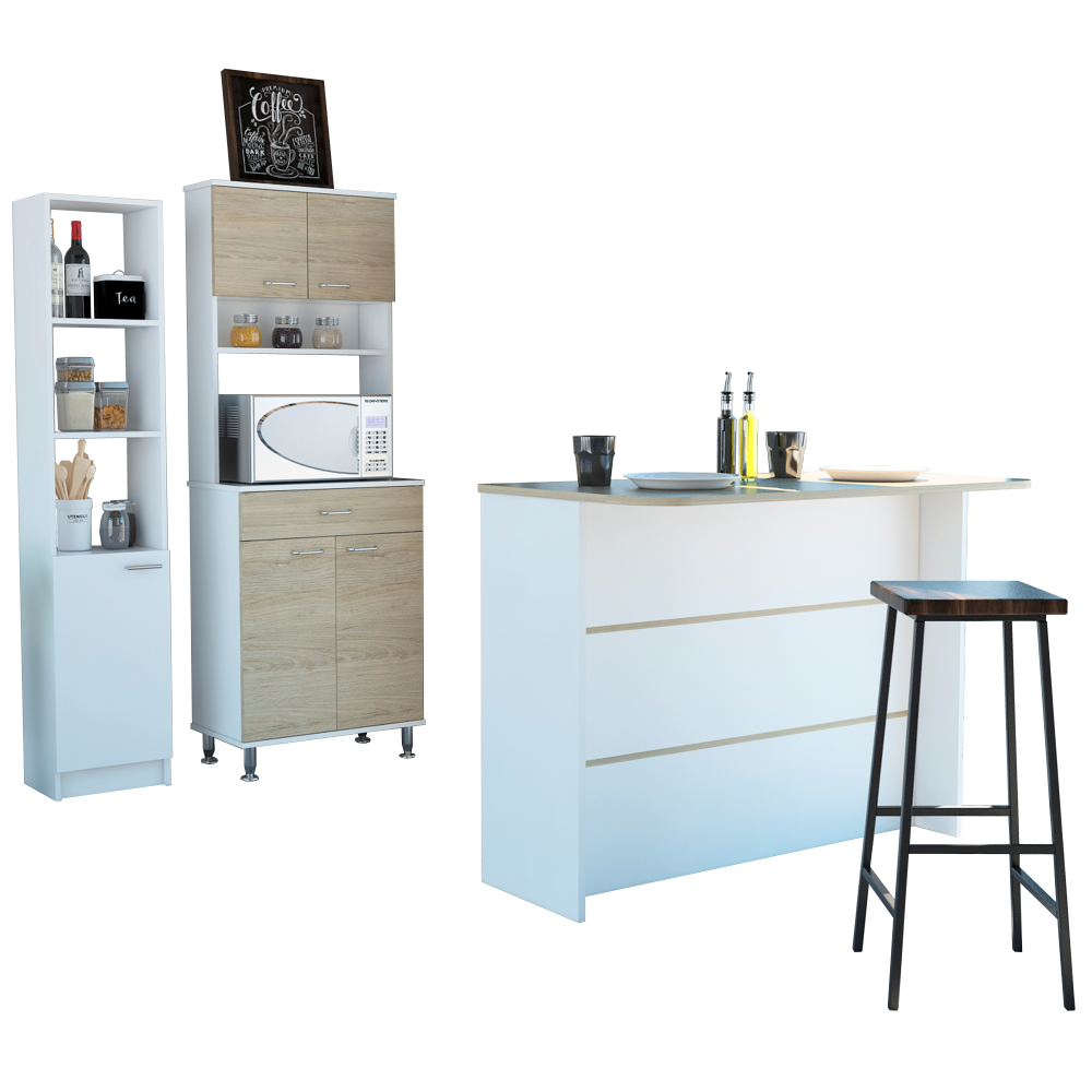 Combo Kitchen, Blanco y Rovere, incluye mueble microondas 54, barra y optimizador