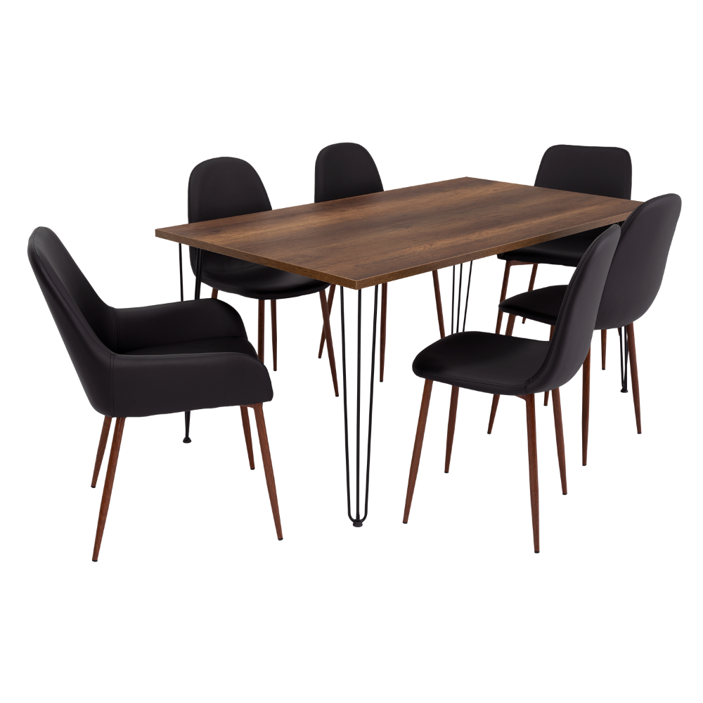 Combo Vassel, Caramelo y Negro, incluye mesa comedor, cuatro sillas sin brazo y dos sitials con brazo