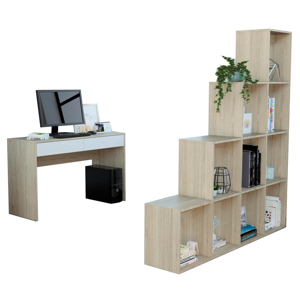 Combo Office, Rovere y Blanco, incluye escritorio y biblioteca escalera