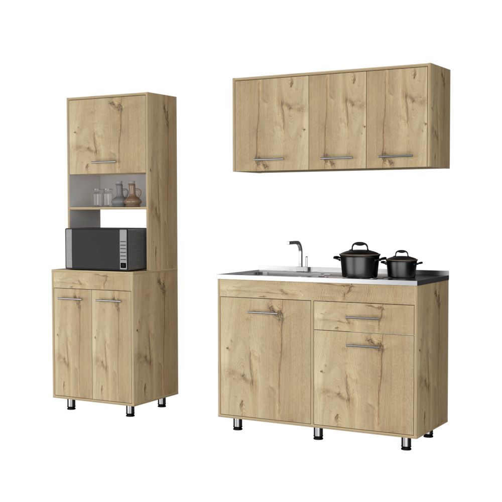 Combo Kitchen Orion, Duna y Blanco, incluye módulo superior 120, módulo inferior con lavaplatos y mueble microondas