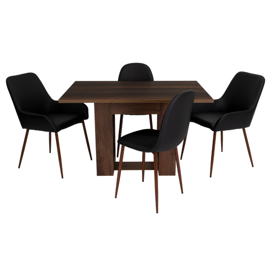 Combo Volterra, Caramelo y Negro, incluye mesa comedor 120 y dos sillas sin brazo y dos sitials con brazo