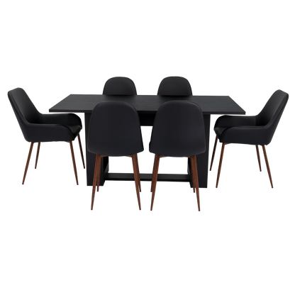 Combo Volterra, Wengue y Negro, incluye mesa comedor 160, cuatro sillas sin brazo y dos sitials con brazo