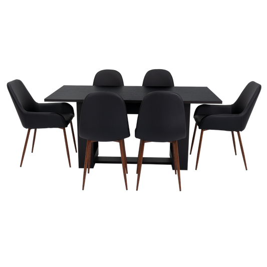 Combo Volterra, Wengue y Negro, incluye mesa comedor 160, cuatro sillas sin brazo y dos sitials con brazo