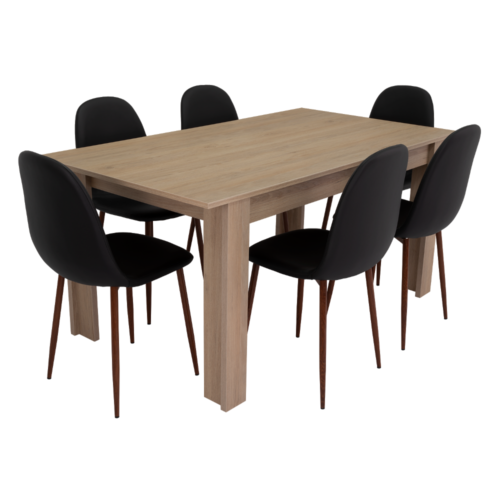 Combo Portofino, Rovere y Negro, incluye mesa de comedor 160 y seis sillas sin brazo