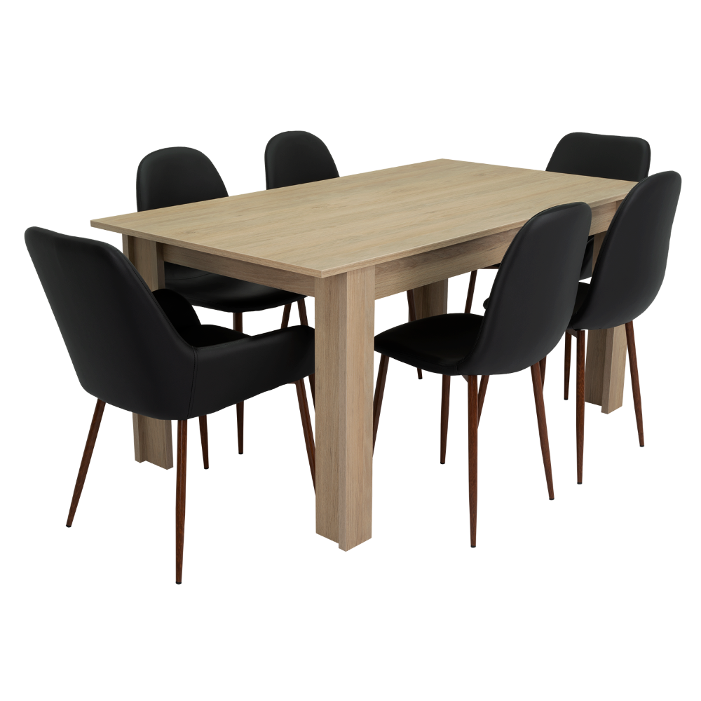 Combo Portofino, Rovere y Negro, incluye mesa de comedor 160, cuatro sillas sin brazo y dos sitials con brazo