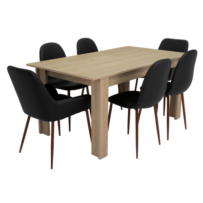 Combo Portofino, Rovere y Negro, incluye mesa de comedor 160, cuatro sillas sin brazo y dos sitials con brazo