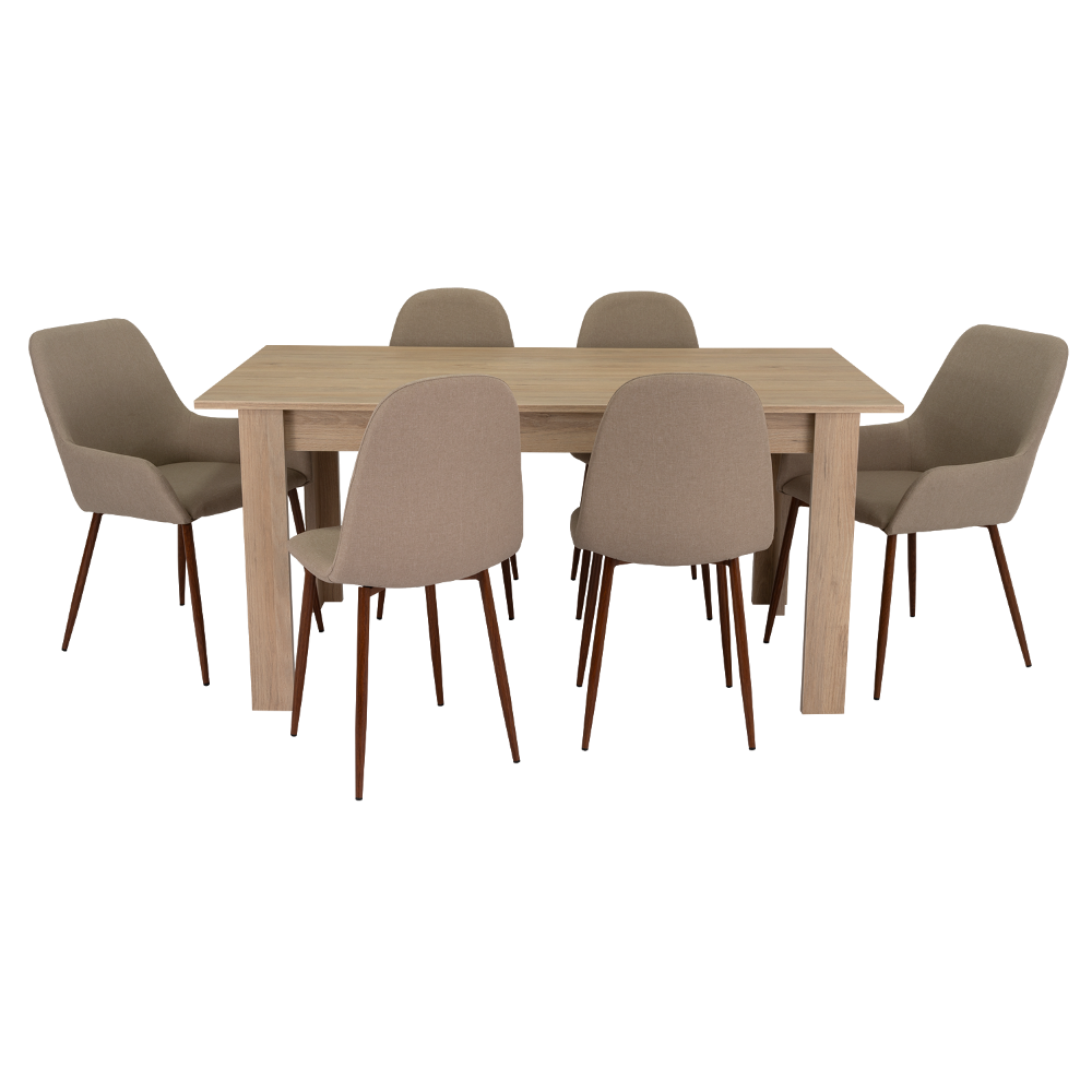 Combo Portofino, Rovere y Café Claro, incluye mesa de comedor 160, cuatro sillas sin brazo y dos sitials con brazo