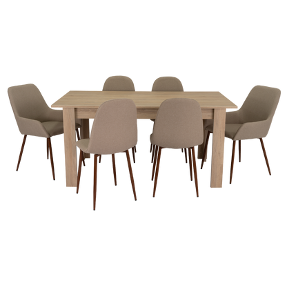 Combo Portofino, Rovere y Café Claro, incluye mesa de comedor 160, cuatro sillas sin brazo y dos sitials con brazo