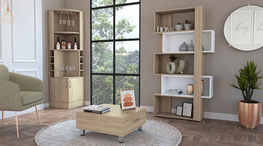 Combo Beijing, Rovere, incluye mesa de centro, bar esquinero y biblioteca cubo