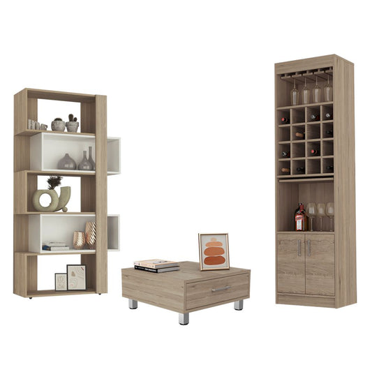Combo Beijing, Rovere, incluye mesa de centro, bar y biblioteca cubo