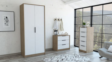 Combo Kaia, Miel y Blanco, incluye closet con dos puertas y cómodas