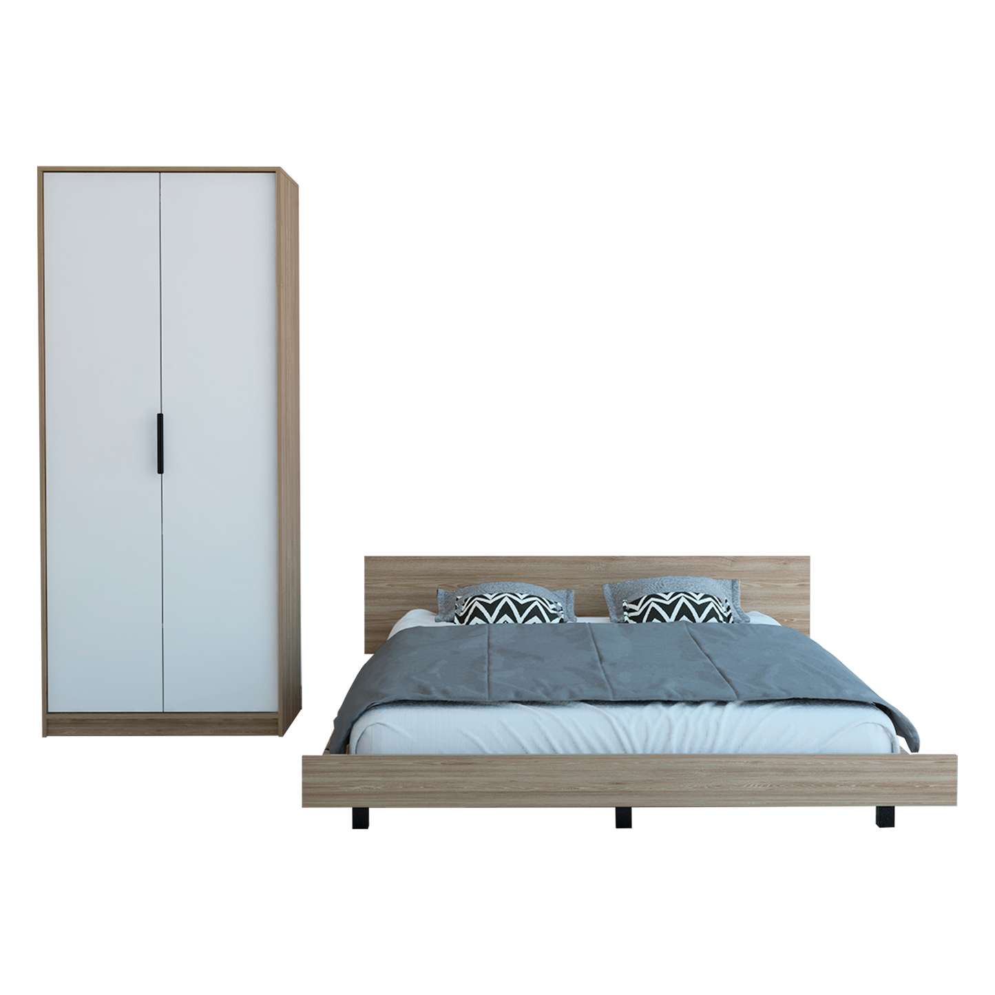 Combo Kaia, Miel y Blanco, incluye base cama y cómoda cinco cajones
