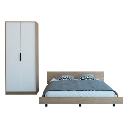 Combo Kaia, Miel y Blanco, incluye base cama y cómoda cinco cajones