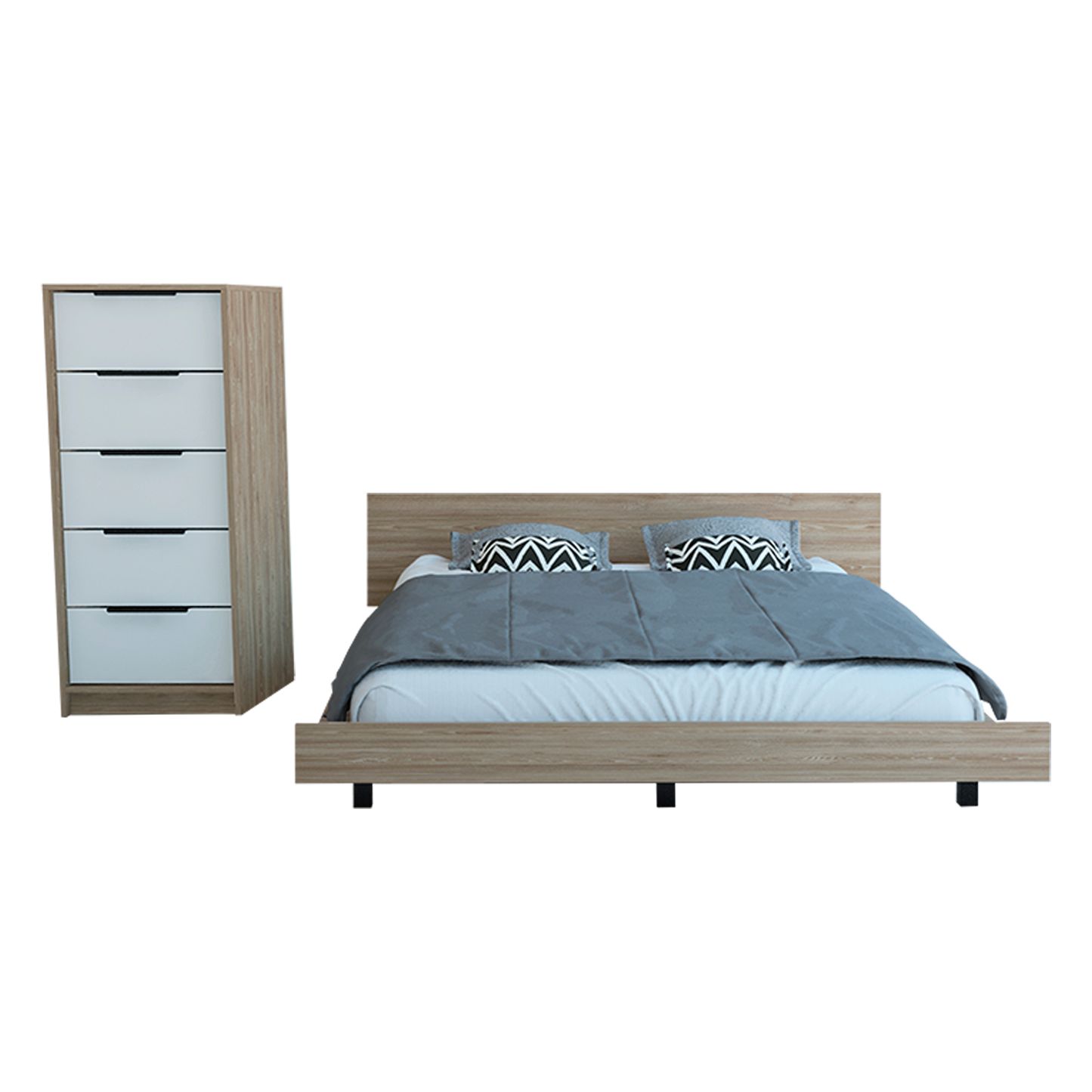 Combo Kaia, Miel y Blanco, incluye base cama y cómoda tres cajones
