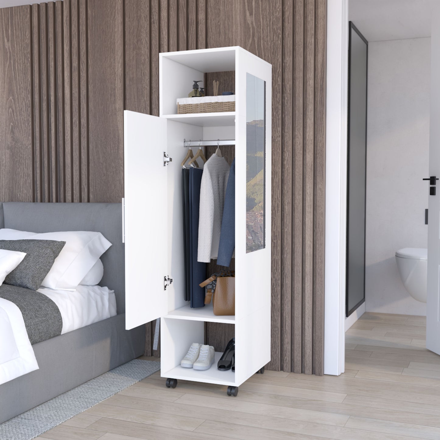 Closet Custer Blanco Con Una Puerta Batiente, Espejo Y Variedad De Entrepaños