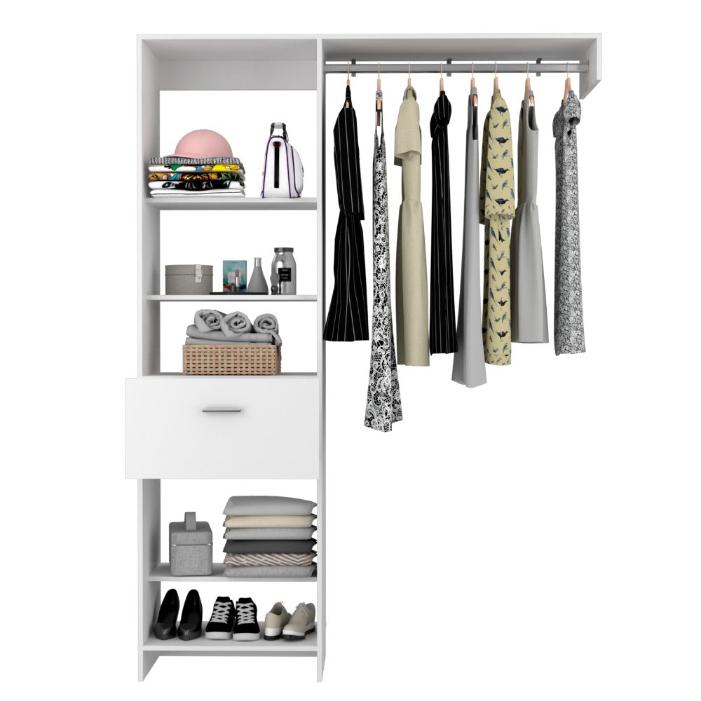 Closet Manchester, Blanco, con cajón deslizable y un tubo cromado para colgar ropa