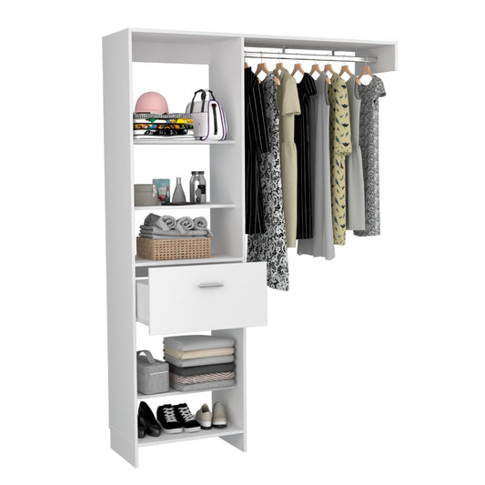 Closet Manchester, Blanco, con cajón deslizable y un tubo cromado para colgar ropa