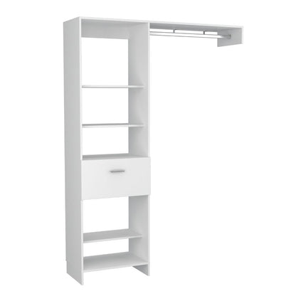 Closet Manchester, Blanco, con cajón deslizable y un tubo cromado para colgar ropa