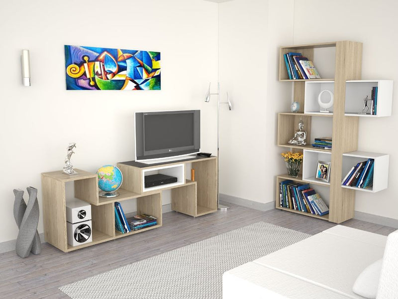 Rack Extensible + Biblioteca Cubo Beijing Color Rovere Para Sala De Estar