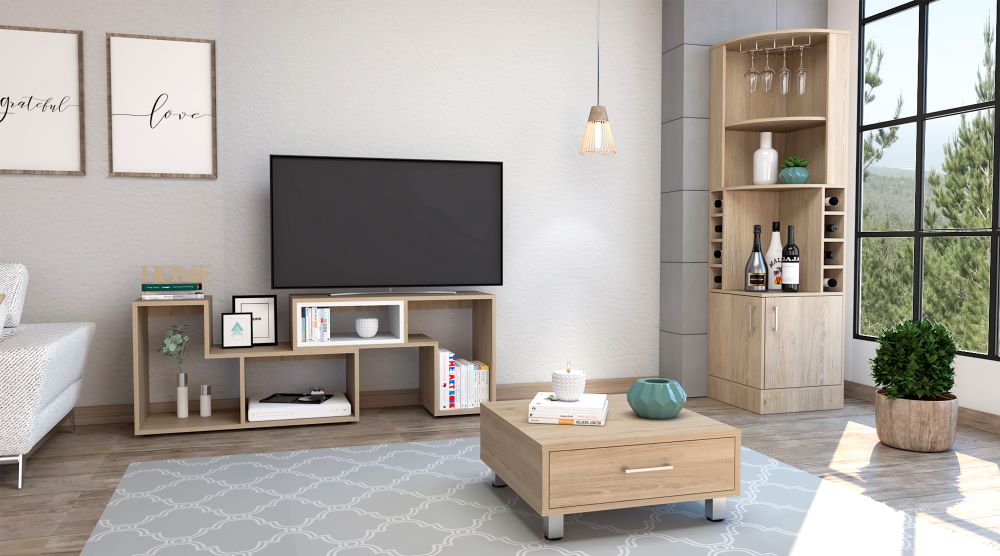Bar Esquinero Kava + Rack Extensible + Mesa de Centro Color Rovere y Blanco Para Sala De Estar