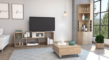 Bar Esquinero Kava + Rack Extensible + Mesa de Centro Color Rovere y Blanco Para Sala De Estar