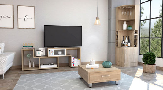 Bar Esquinero Kava + Rack Extensible + Mesa de Centro Color Rovere y Blanco Para Sala De Estar