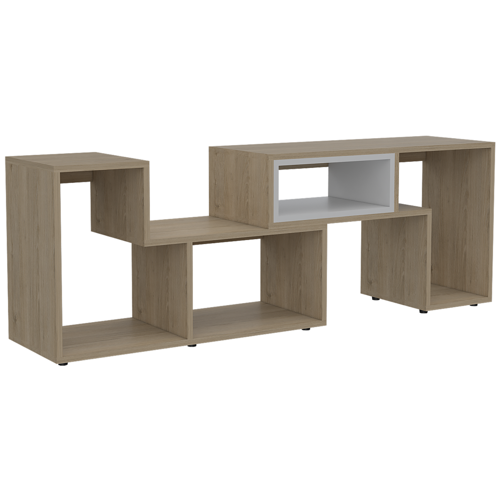 Bar Esquinero Kava + Rack Extensible + Mesa de Centro Color Rovere y Blanco Para Sala De Estar