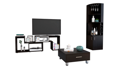 Bar Esquinero Kava + Rack Extensible + Mesa de Centro Color Wengue y Blanco Para Sala De Estar