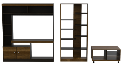 Estante TV + Biblioteca + Mesa de Centro Color Caramelo y Wengue Para Sala De Estar