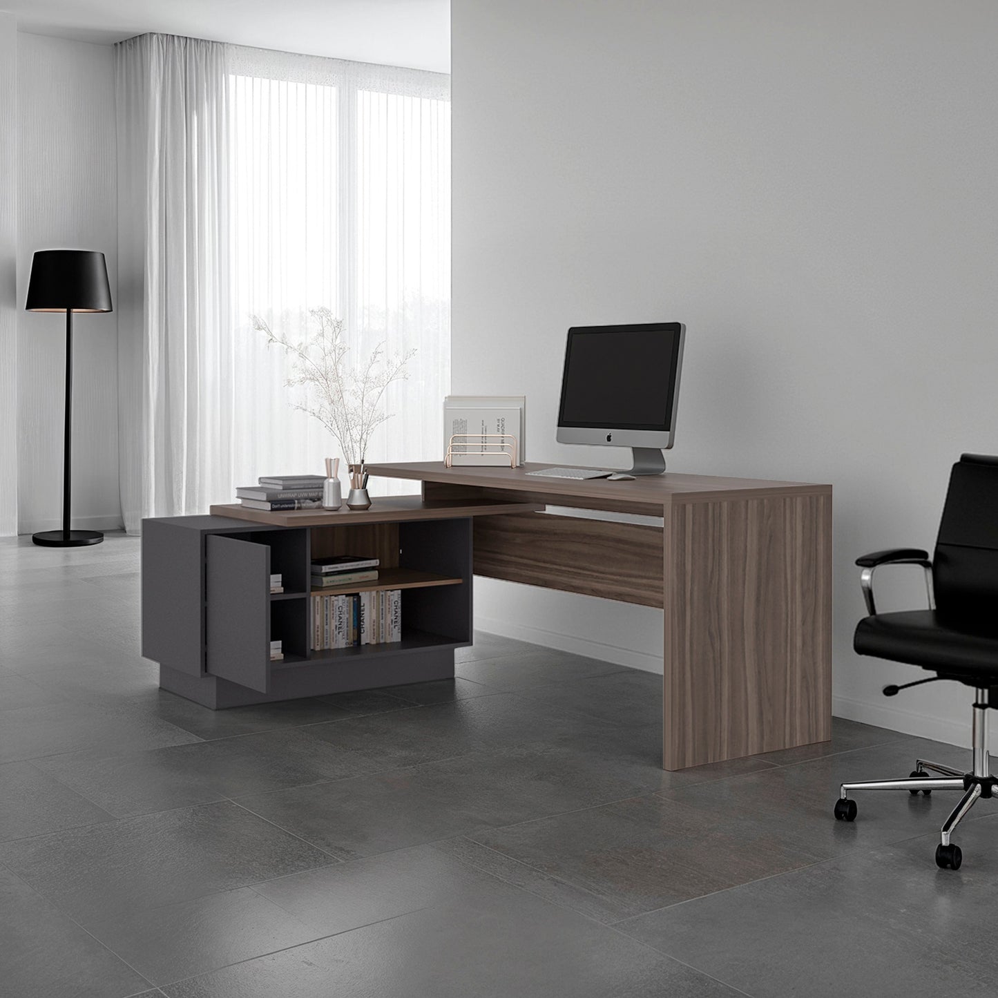 Escritorio En L Una Puerta -  Repisas Office W-179, Avellana Y Plomo