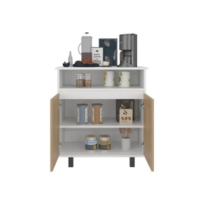 Mesa de Cocina Lona, Blanco Duqueza y Fresno Europeo, con 2 puertas abatibles y espacio para microondas