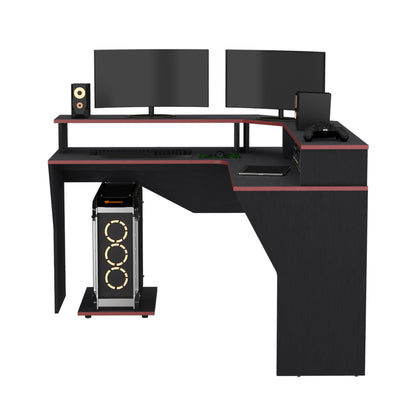 Escritorio Gamer En L Con Dos Niveles Para Monitores Guma - Wengue - Canto Rojo