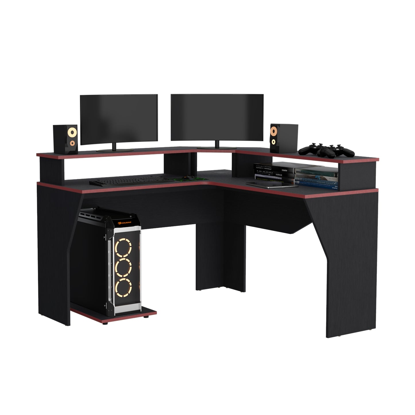 Escritorio Gamer En L Con Dos Niveles Para Monitores Guma - Wengue - Canto Rojo