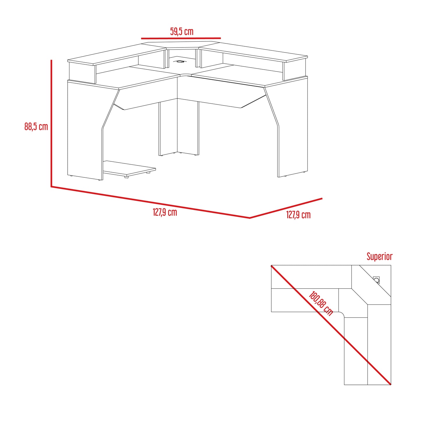 Escritorio Gamer En L Con Dos Niveles Para Monitores Guma - Wengue - Canto Rojo