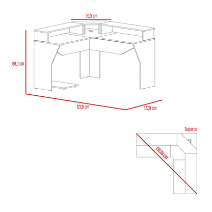 Escritorio Gamer En L Con Dos Niveles Para Monitores Guma - Wengue - Canto Rojo